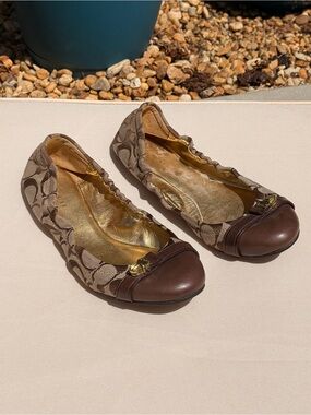Coach Brown Signature Canvas and Dark Brown Leather Cap-Toe Ballet Flats